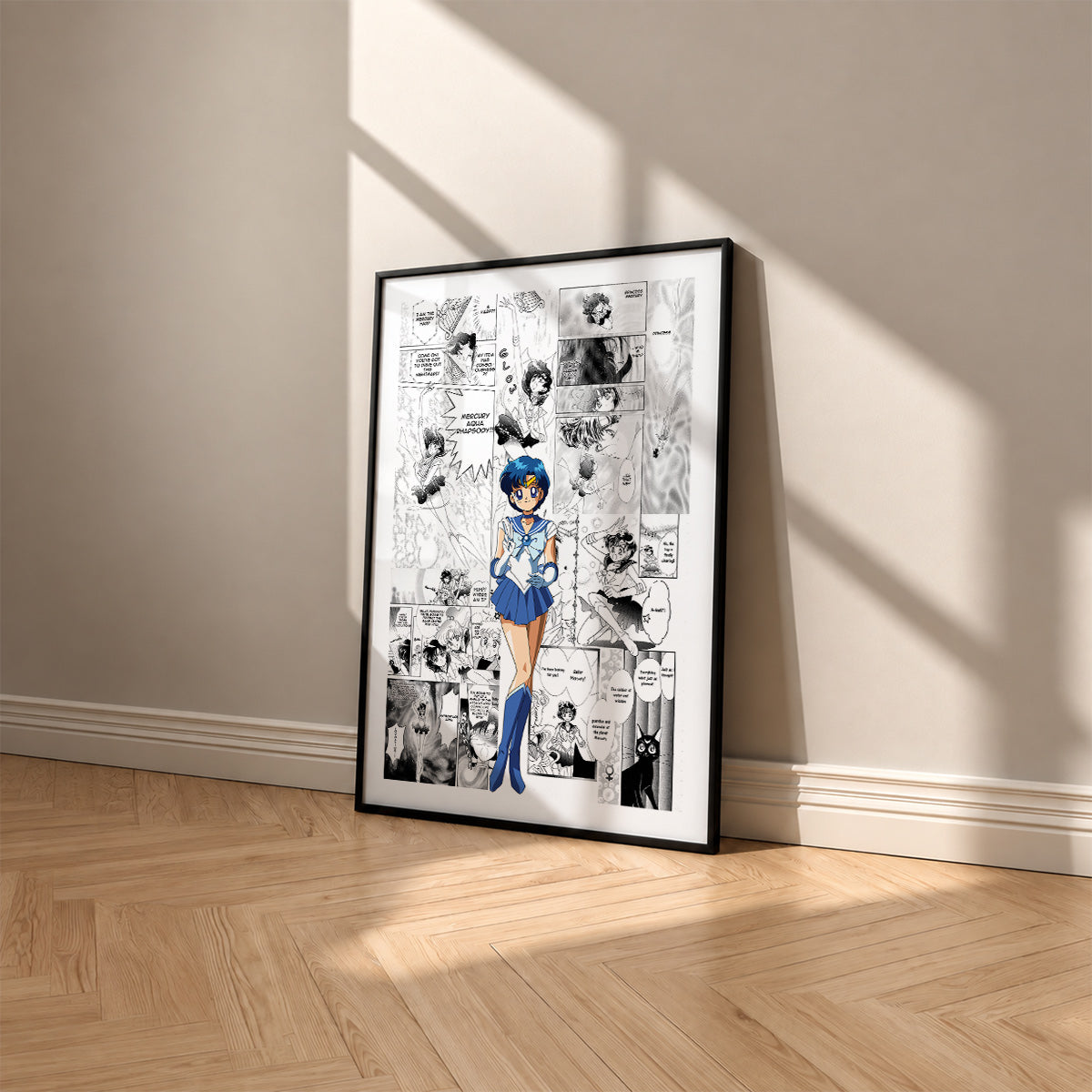 Ami Mizuno Sailor Mercury manga poster inspired by Sailor Moon in a black frame against a warm beige wall