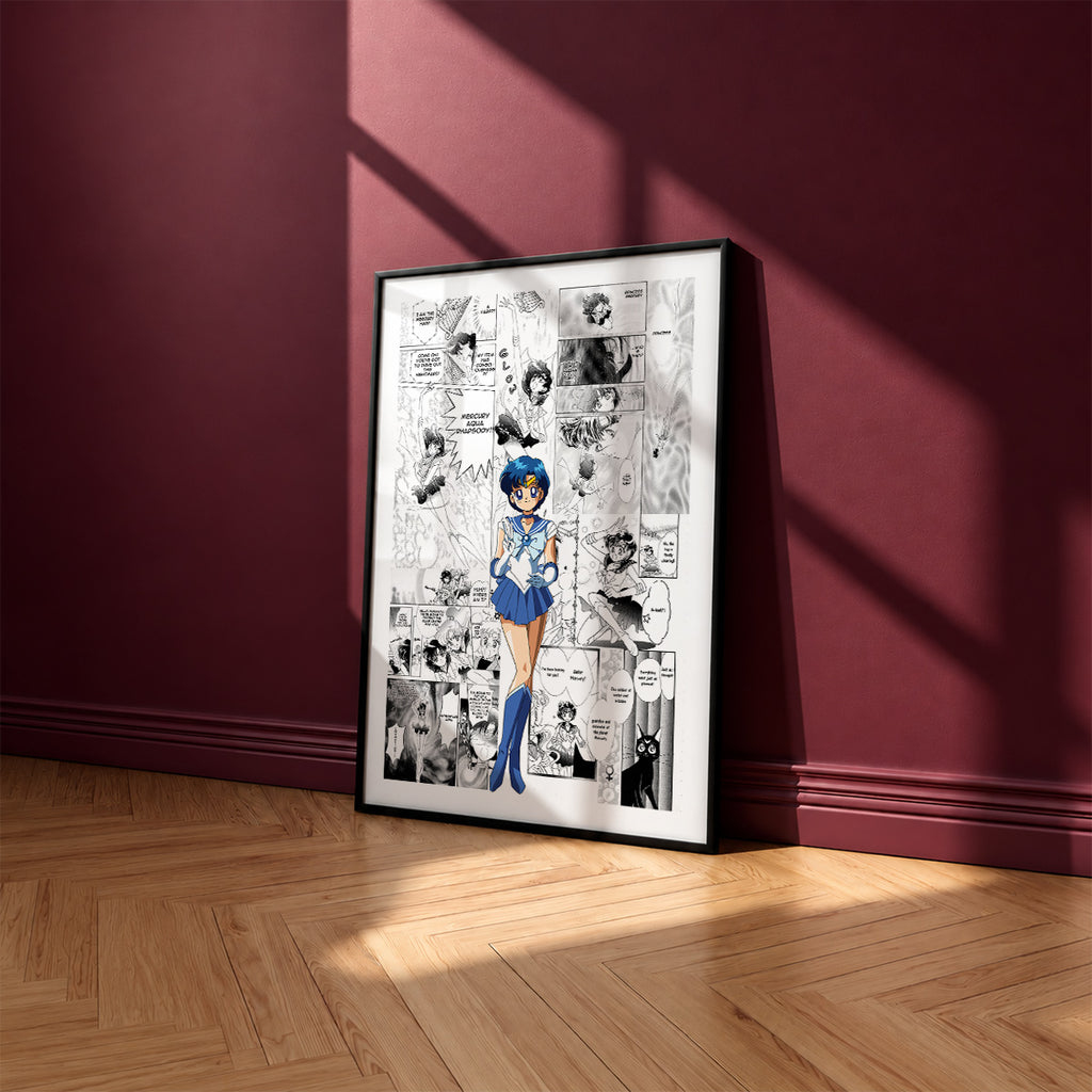 Ami Mizuno Sailor Mercury manga poster inspired by Sailor Moon in a black frame against a burgundy wall