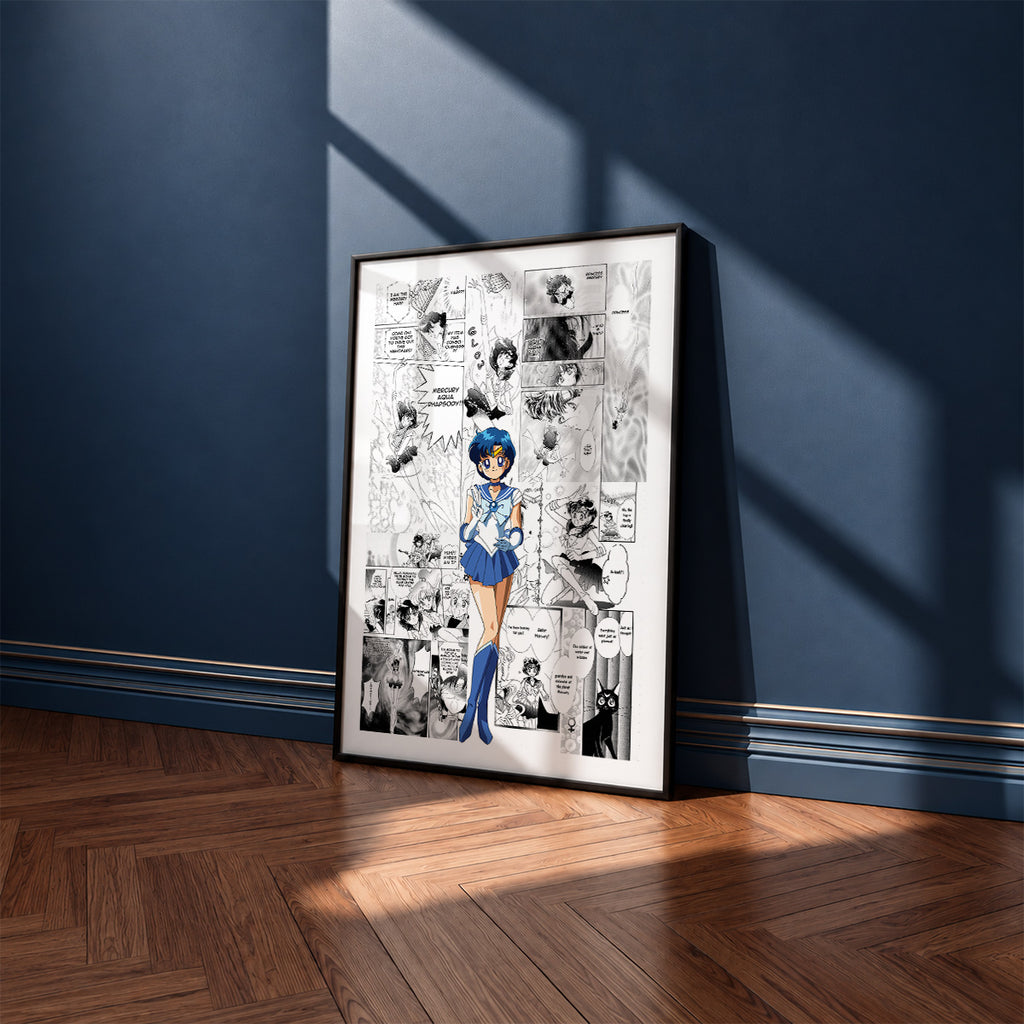 Ami Mizuno Sailor Mercury manga poster inspired by Sailor Moon in a black frame against a navy blue wall