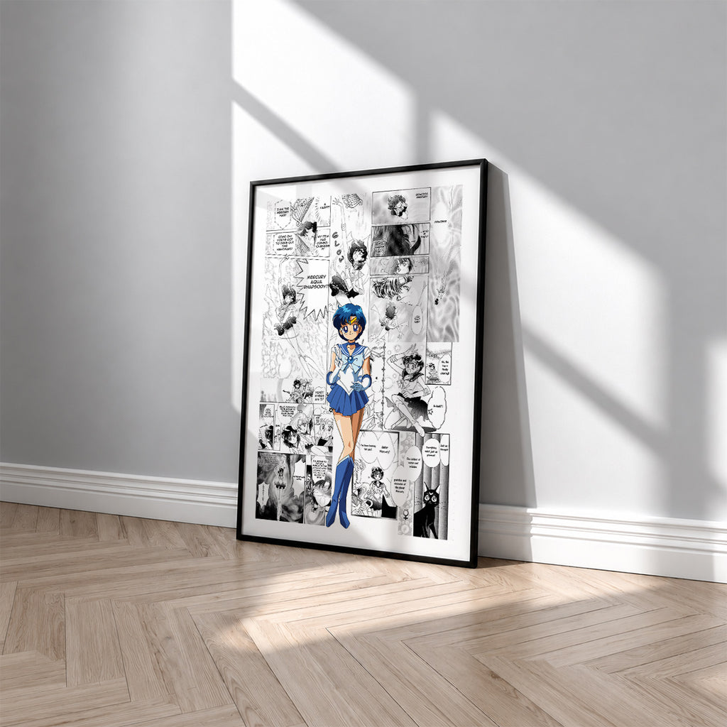 Ami Mizuno Sailor Mercury manga poster inspired by Sailor Moon in a black frame against a light gray wall