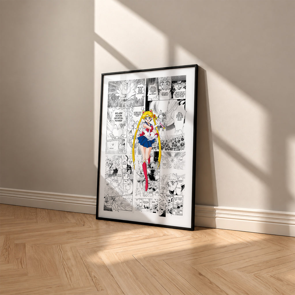 Usagi Tsukino Sailor Moon manga poster inspired by Sailor Moon in a black frame against a warm beige wall