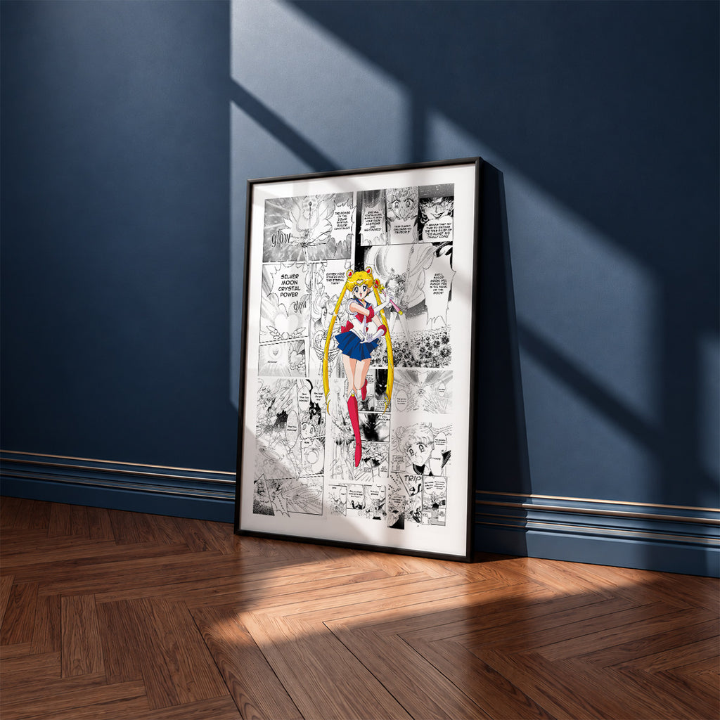Usagi Tsukino Sailor Moon manga poster inspired by Sailor Moon in a black frame against a navy blue wall