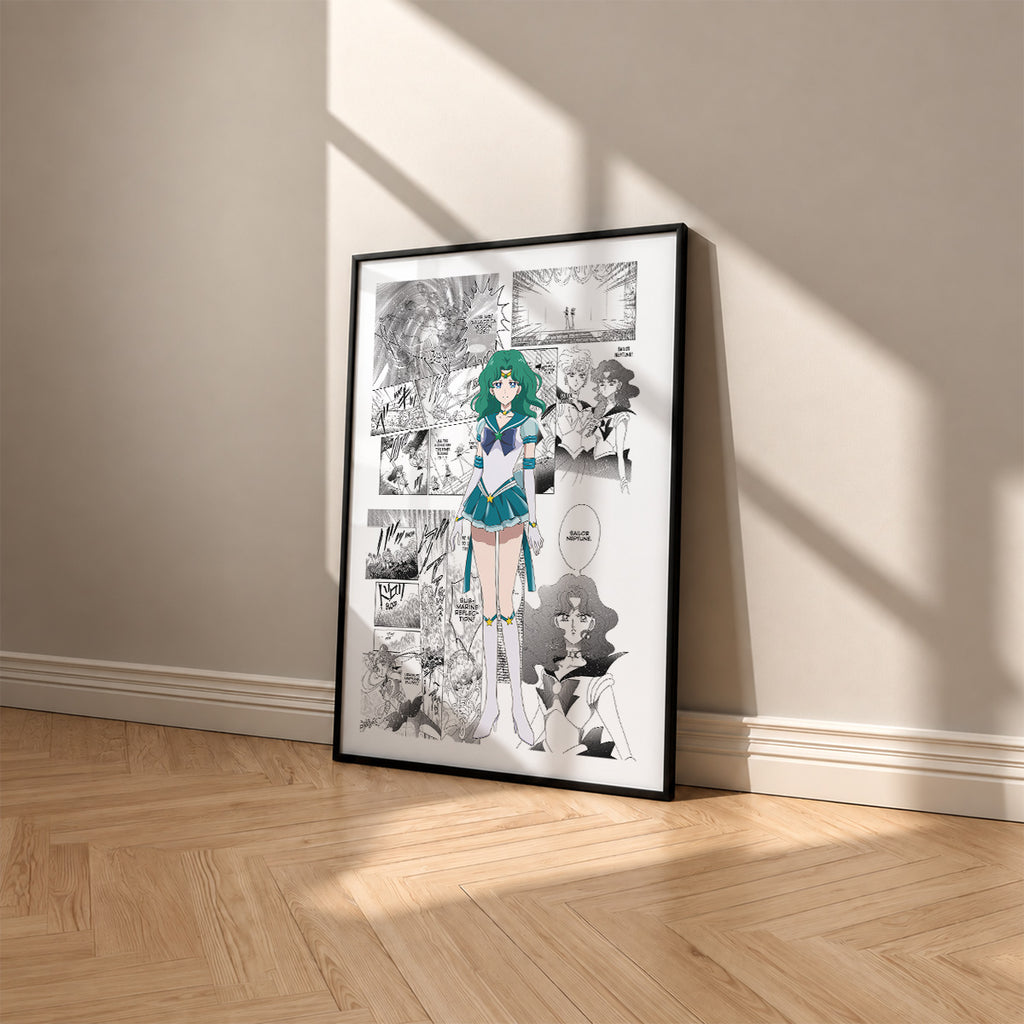 Michiru Kaioh Sailor Neptune manga poster inspired by Sailor Moon in a black frame against a warm beige wall