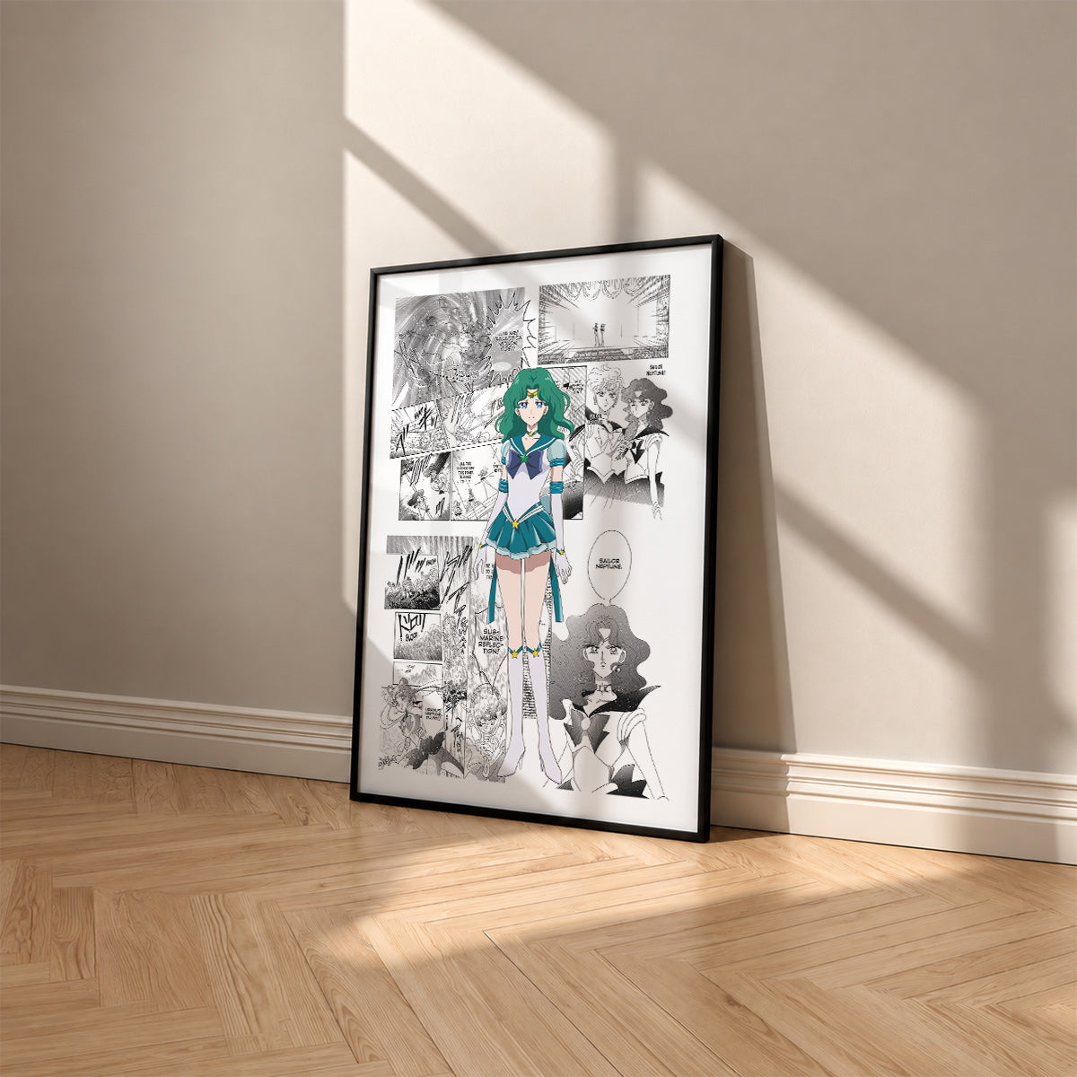 Michiru Kaioh Sailor Neptune manga poster inspired by Sailor Moon in a black frame against a warm beige wall