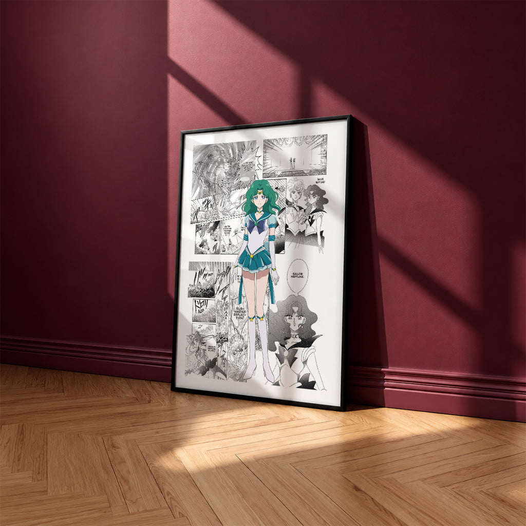Michiru Kaioh Sailor Neptune manga poster inspired by Sailor Moon in a black frame against a burgundy wall