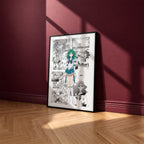 Michiru Kaioh Sailor Neptune manga poster inspired by Sailor Moon in a black frame against a burgundy wall