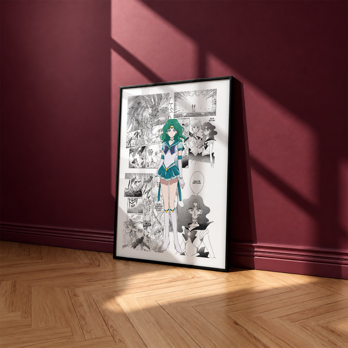 Michiru Kaioh Sailor Neptune manga poster inspired by Sailor Moon in a black frame against a burgundy wall