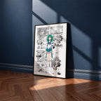 Michiru Kaioh Sailor Neptune manga poster inspired by Sailor Moon in a black frame against a navy blue wall