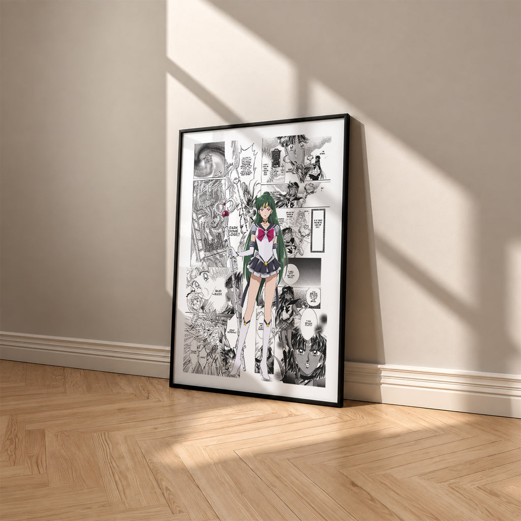 Setsuna Meioh Sailor Pluto manga poster inspired by Sailor Moon in a black frame against a warm beige wall