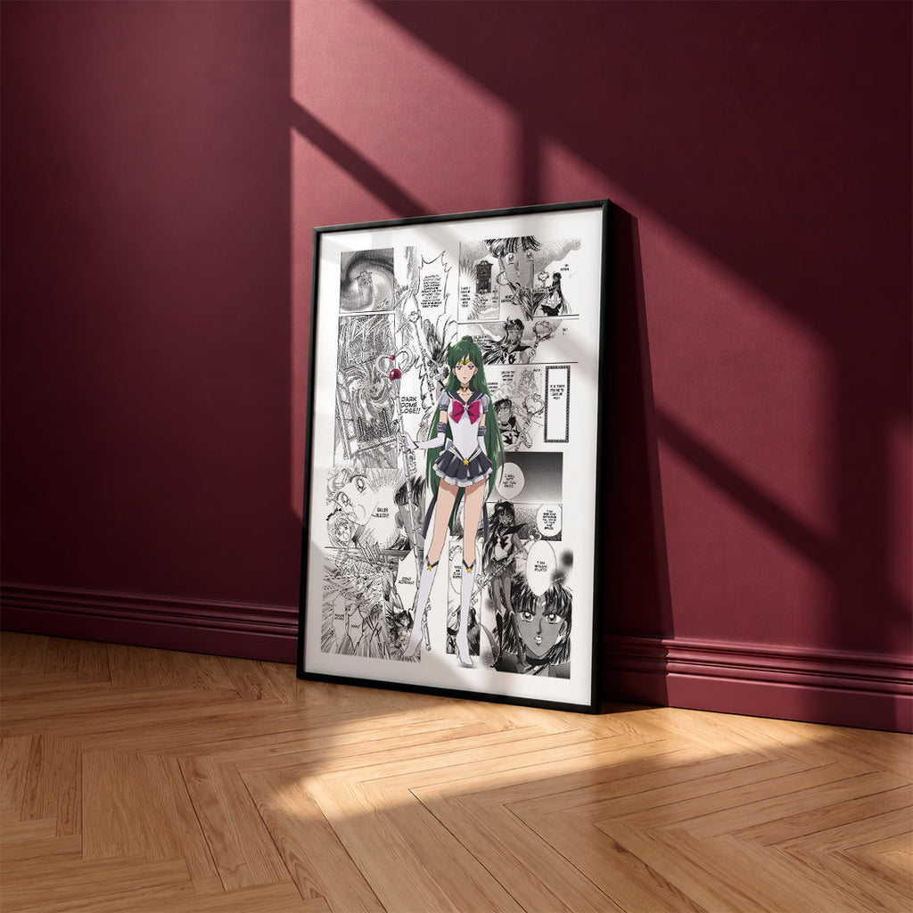 Setsuna Meioh Sailor Pluto manga poster inspired by Sailor Moon in a black frame against a burgundy wall