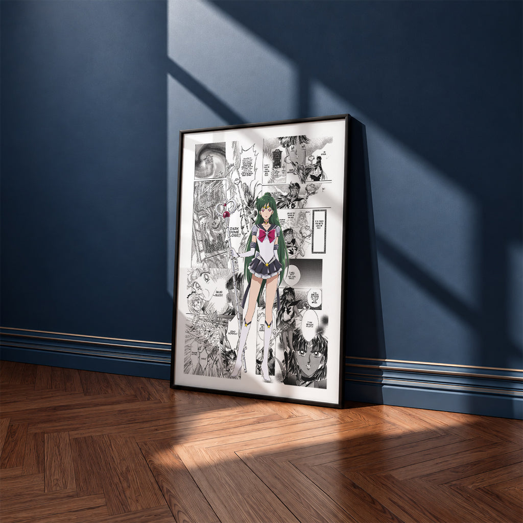 Setsuna Meioh Sailor Pluto manga poster inspired by Sailor Moon in a black frame against a navy blue wall
