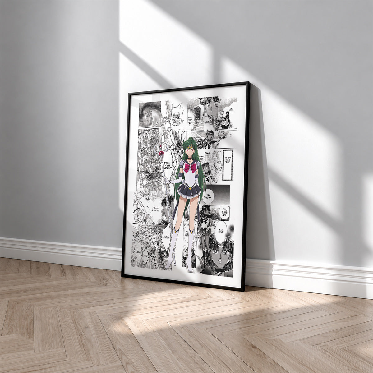 Setsuna Meioh Sailor Pluto manga poster inspired by Sailor Moon in a black frame against a light gray wall
