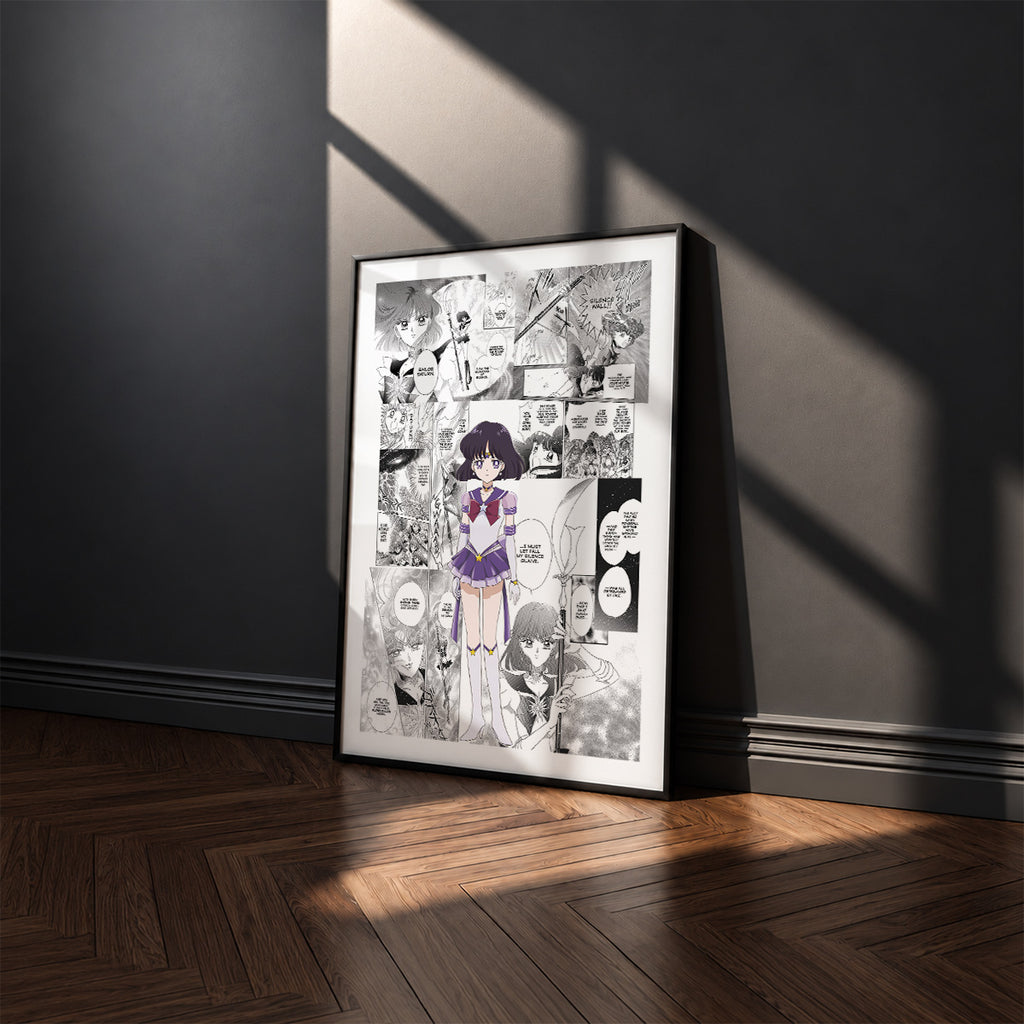 Hotaru Tomoe Sailor Saturn manga poster inspired by Sailor Moon in a black frame against a charcoal gray wall