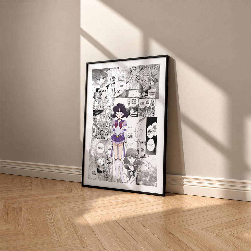 Hotaru Tomoe Sailor Saturn manga poster inspired by Sailor Moon in a black frame against a warm beige wall