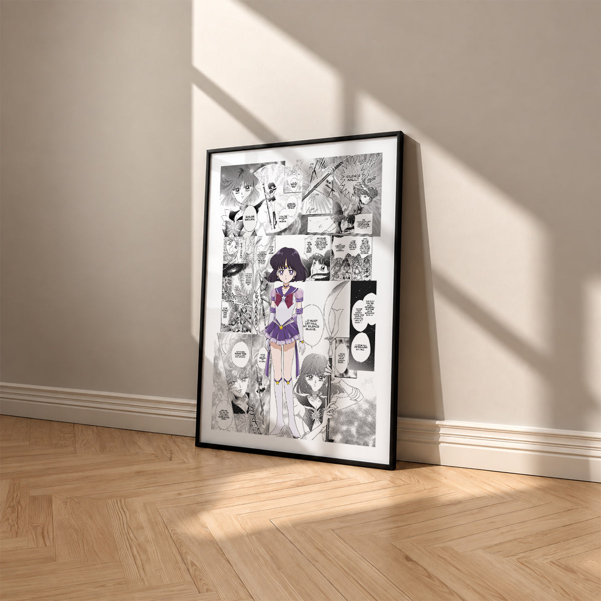 Hotaru Tomoe Sailor Saturn manga poster inspired by Sailor Moon in a black frame against a warm beige wall