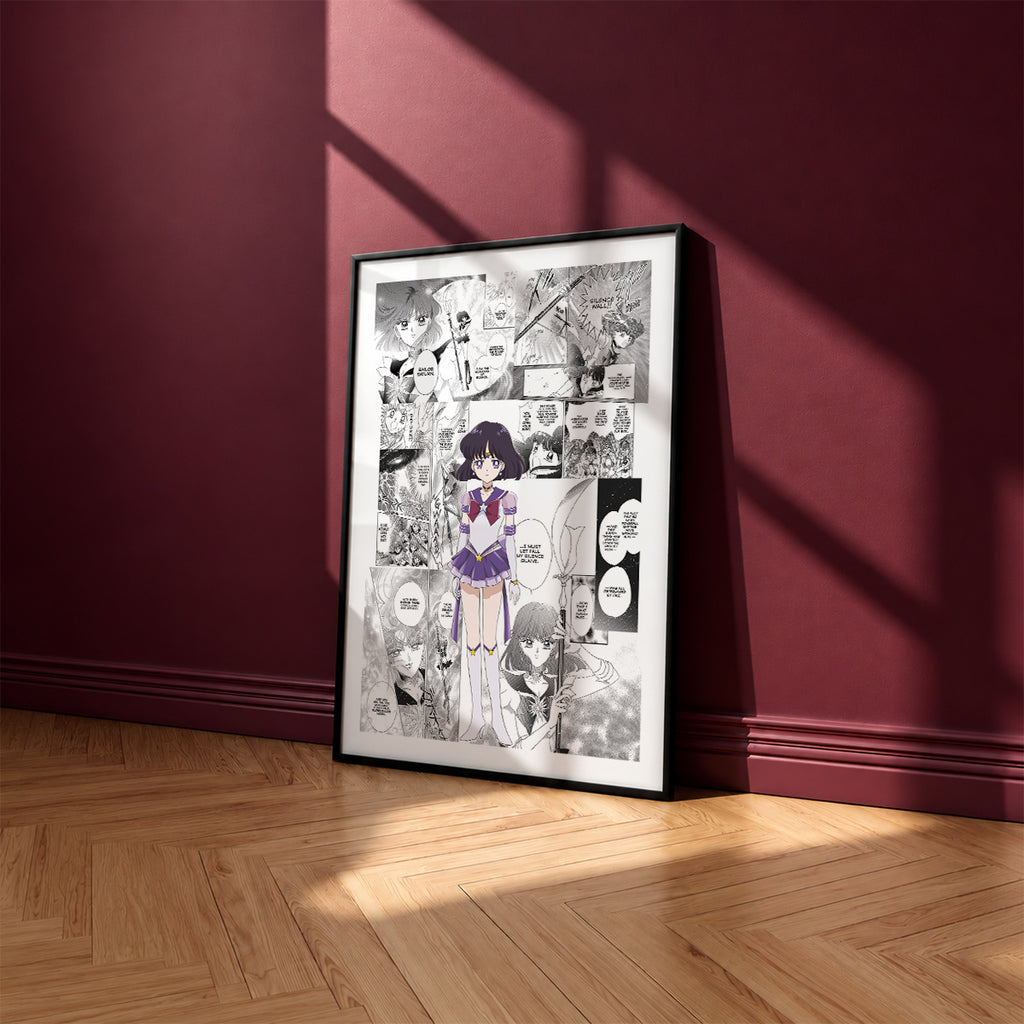 Hotaru Tomoe Sailor Saturn manga poster inspired by Sailor Moon in a black frame against a burgundy wall
