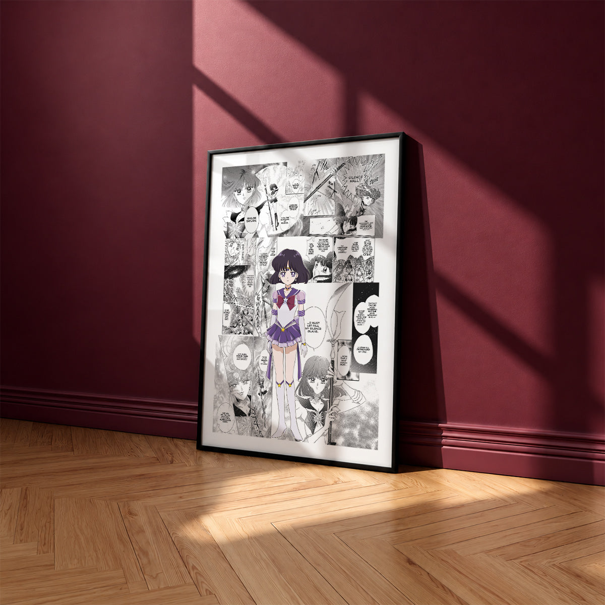 Hotaru Tomoe Sailor Saturn manga poster inspired by Sailor Moon in a black frame against a burgundy wall