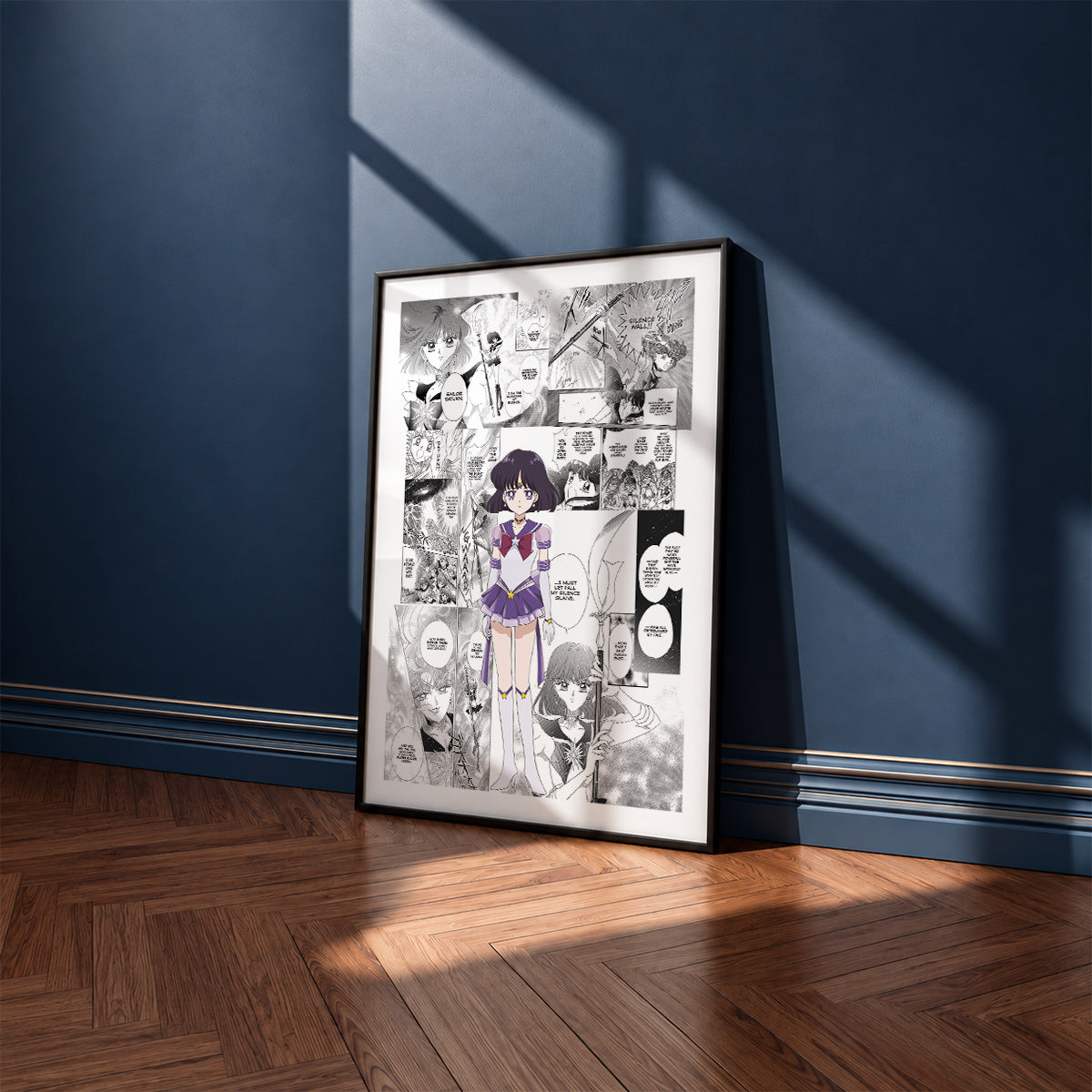 Hotaru Tomoe Sailor Saturn manga poster inspired by Sailor Moon in a black frame against a navy blue wall
