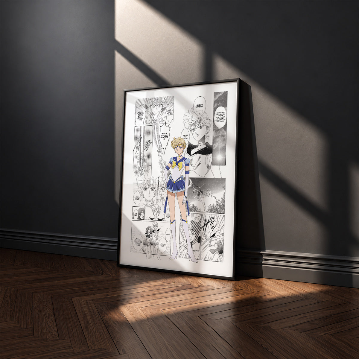 Haruka Tenoh Sailor Uranus manga poster inspired by Sailor Moon in a black frame against a charcoal gray wall