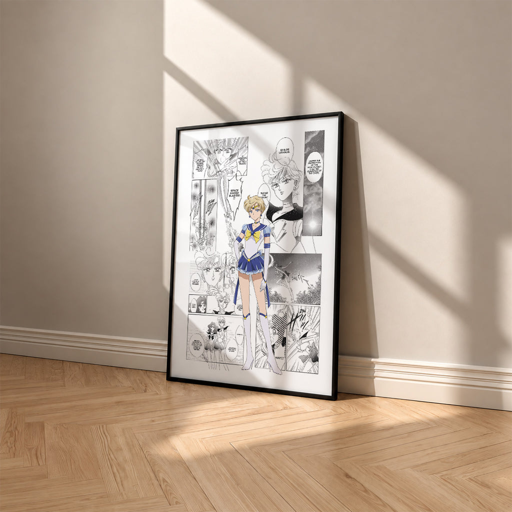 Haruka Tenoh Sailor Uranus manga poster inspired by Sailor Moon in a black frame against a warm beige wall