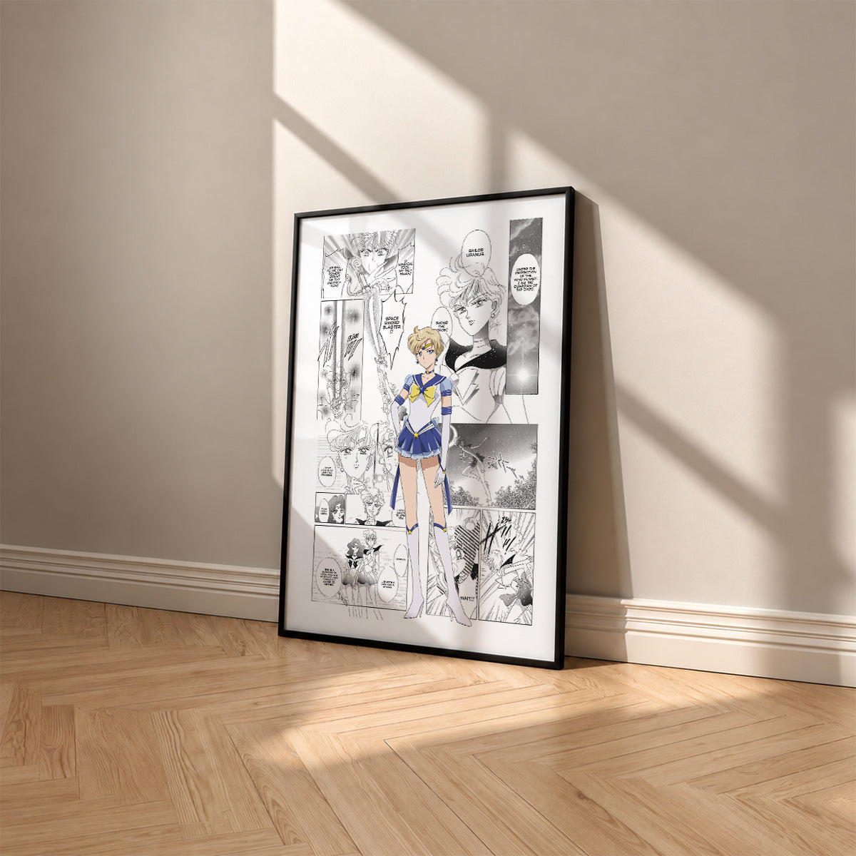 Haruka Tenoh Sailor Uranus manga poster inspired by Sailor Moon in a black frame against a warm beige wall