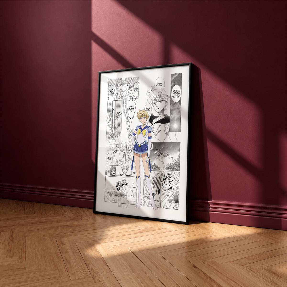 Haruka Tenoh Sailor Uranus manga poster inspired by Sailor Moon in a black frame against a burgundy wall