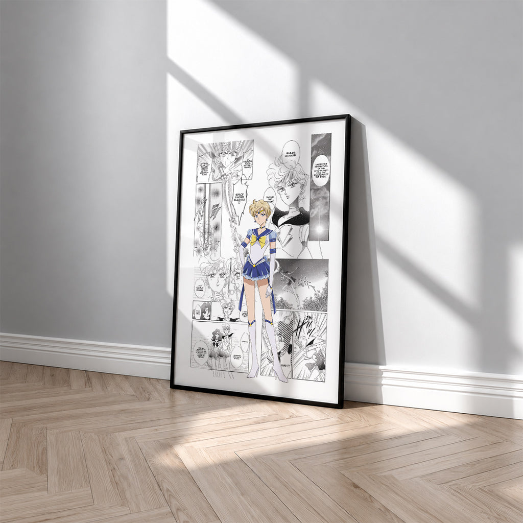 Haruka Tenoh Sailor Uranus manga poster inspired by Sailor Moon in a black frame against a light gray wall