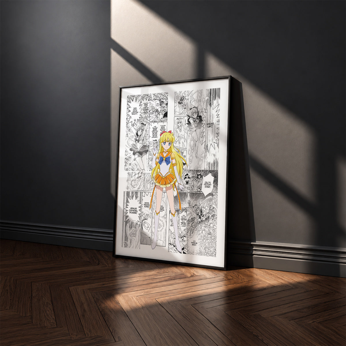 Minako Aino Sailor Venus manga poster inspired by Sailor Moon in a black frame against a charcoal gray wall