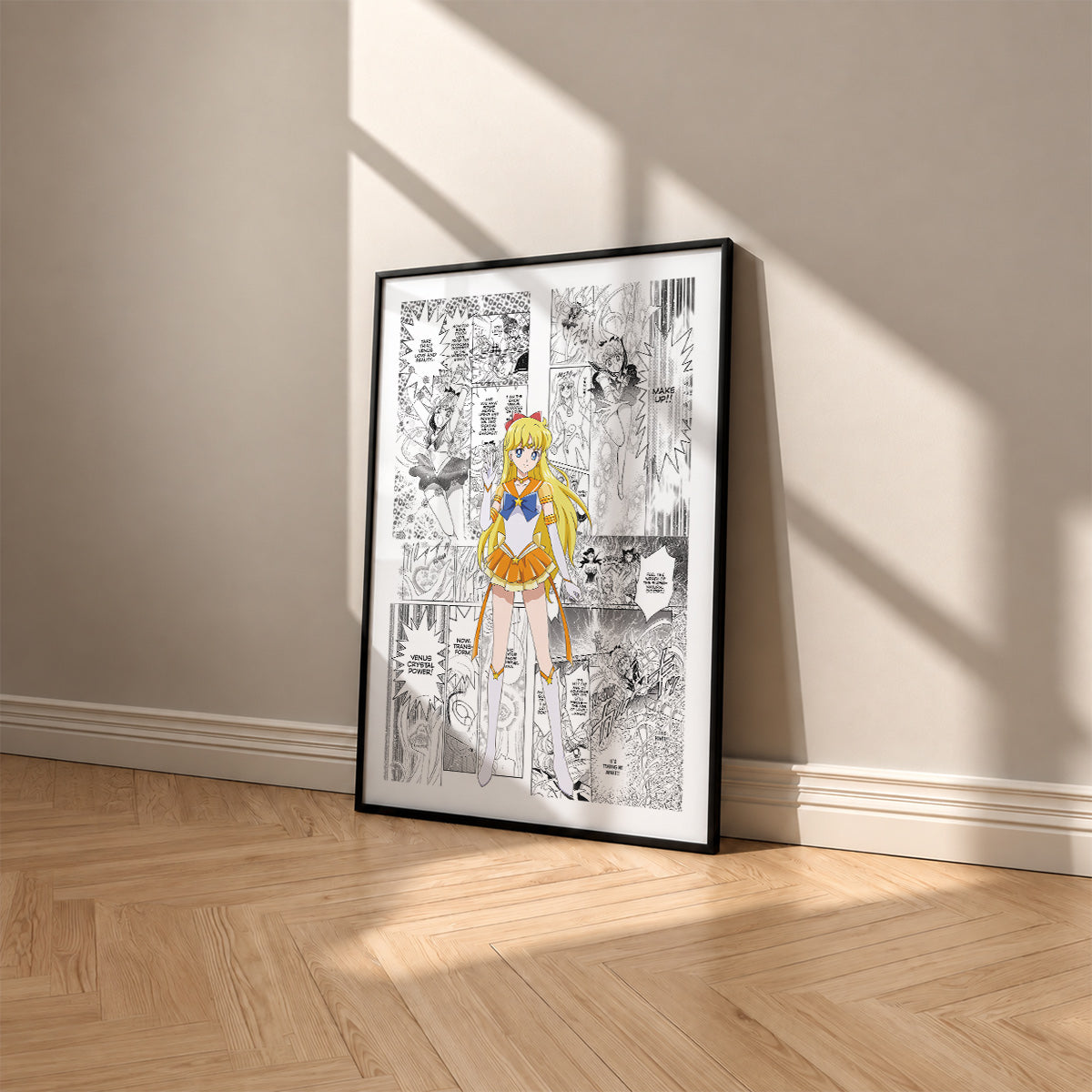 Minako Aino Sailor Venus manga poster inspired by Sailor Moon in a black frame against a warm beige wall