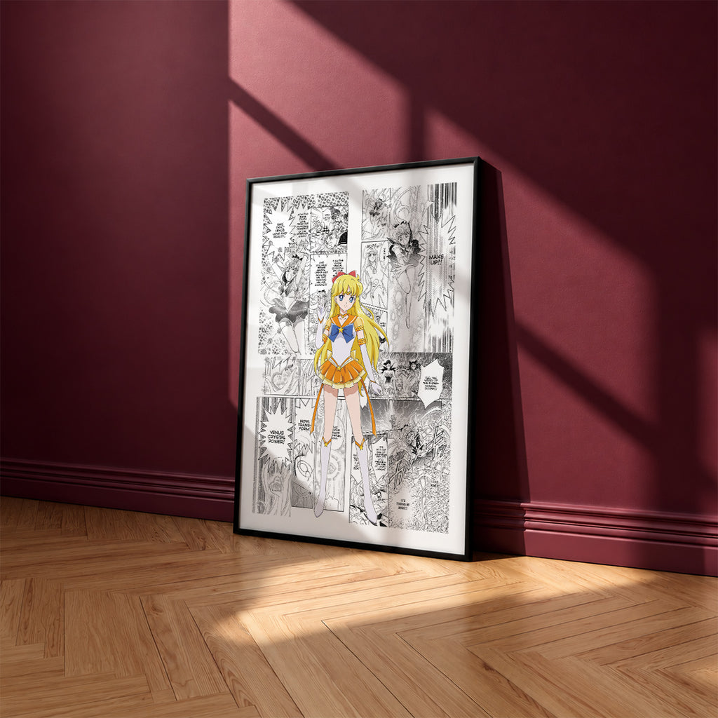 Minako Aino Sailor Venus manga poster inspired by Sailor Moon in a black frame against a burgundy wall