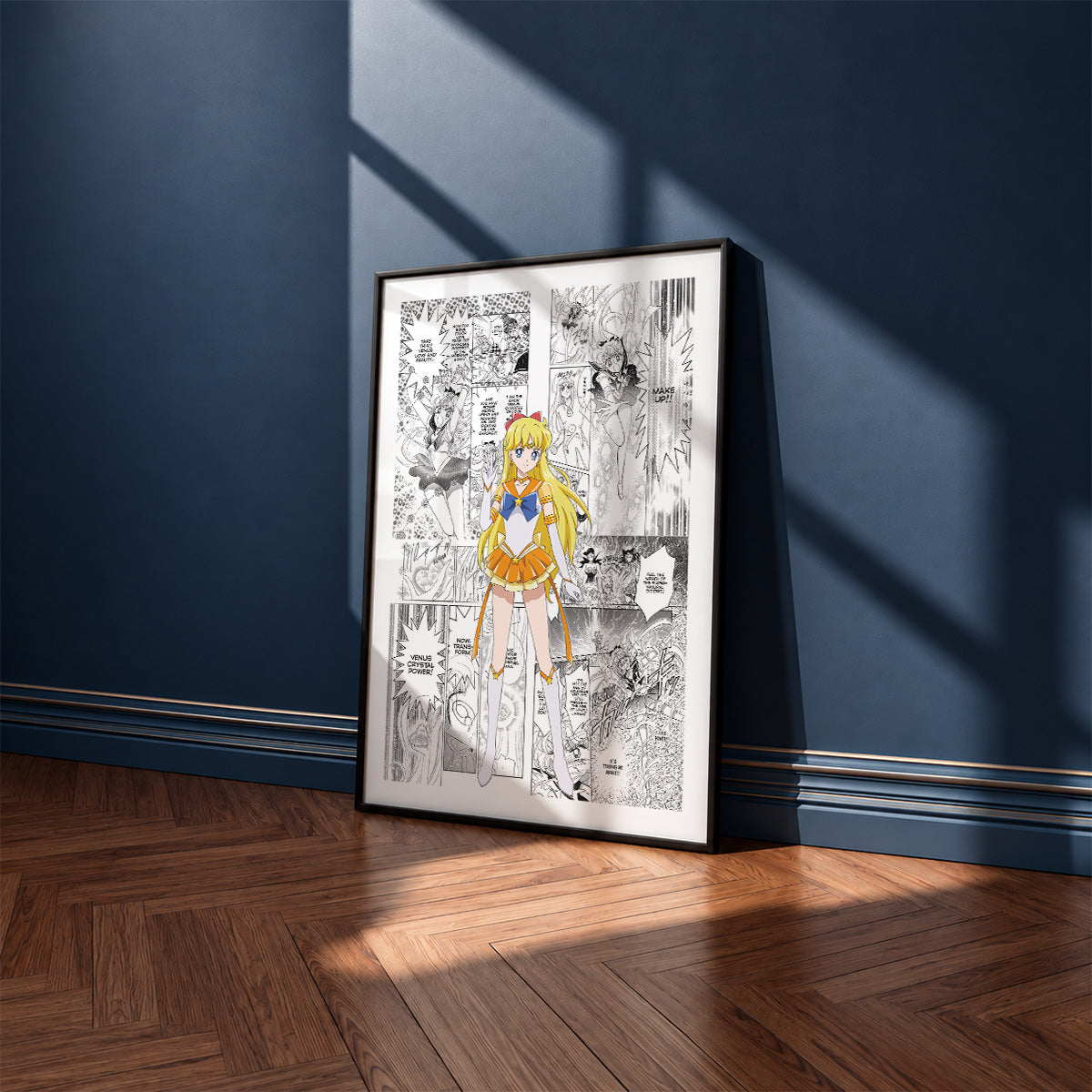 Minako Aino Sailor Venus manga poster inspired by Sailor Moon in a black frame against a navy blue wall