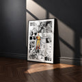 Saitama manga poster inspired by One-Punch Man in a black frame against a charcoal gray wall