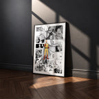 Saitama manga poster inspired by One-Punch Man in a black frame against a charcoal gray wall