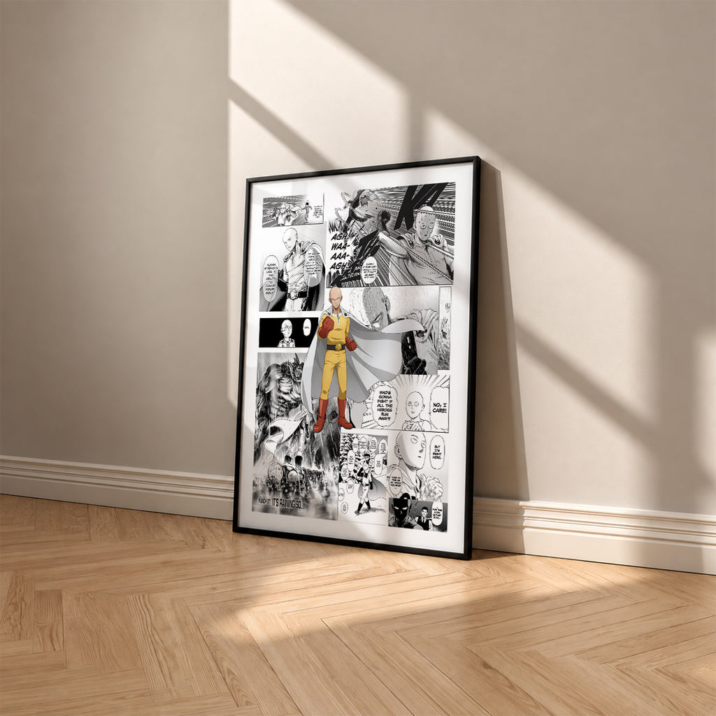 Saitama manga poster inspired by One-Punch Man in a black frame against a warm beige wall