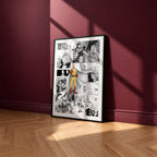 Saitama manga poster inspired by One-Punch Man in a black frame against a burgundy wall