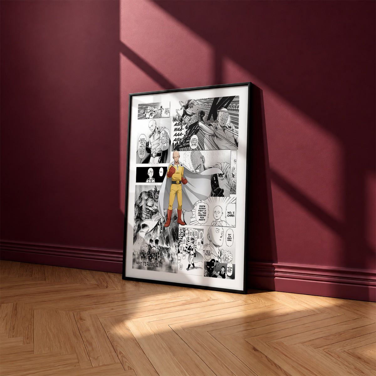 Saitama manga poster inspired by One-Punch Man in a black frame against a burgundy wall
