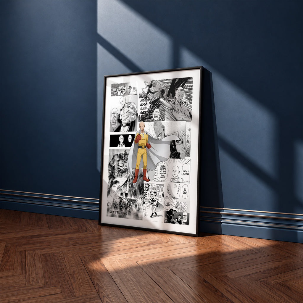 Saitama manga poster inspired by One-Punch Man in a black frame against a navy blue wall