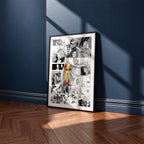 Saitama manga poster inspired by One-Punch Man in a black frame against a navy blue wall