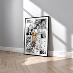 Saitama manga poster inspired by One-Punch Man in a black frame against a light gray wall