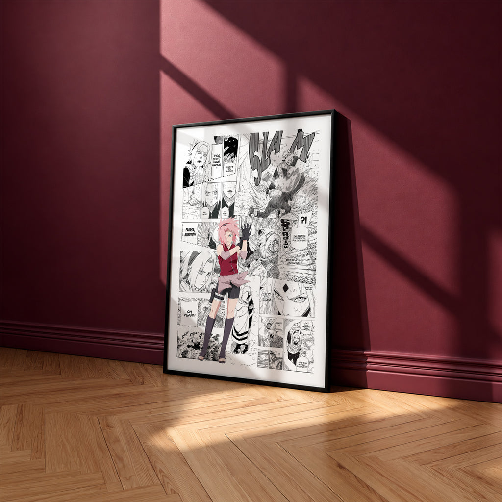 Sakura Haruno manga poster inspired by Naruto in a black frame against a burgundy wall