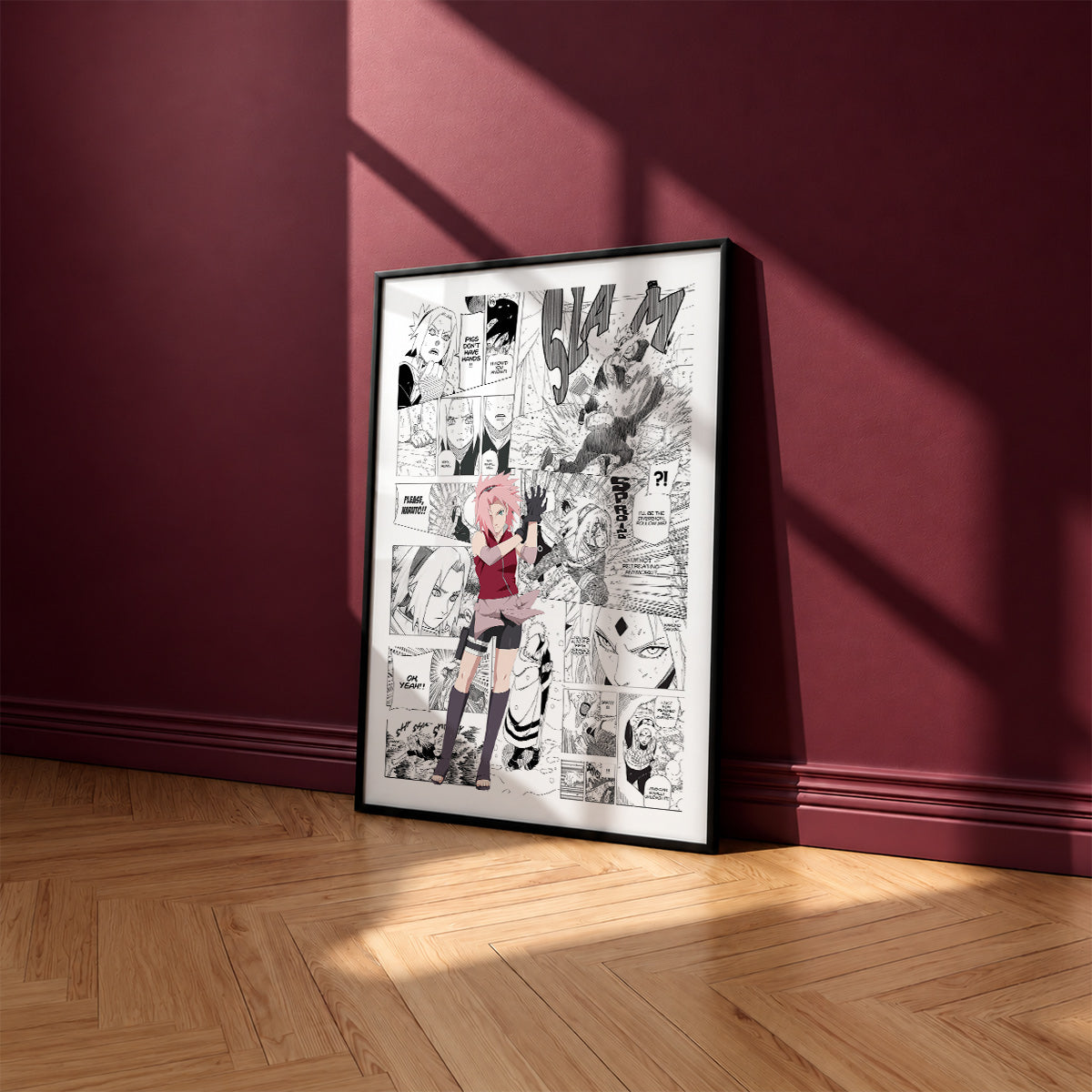 Sakura Haruno manga poster inspired by Naruto in a black frame against a burgundy wall
