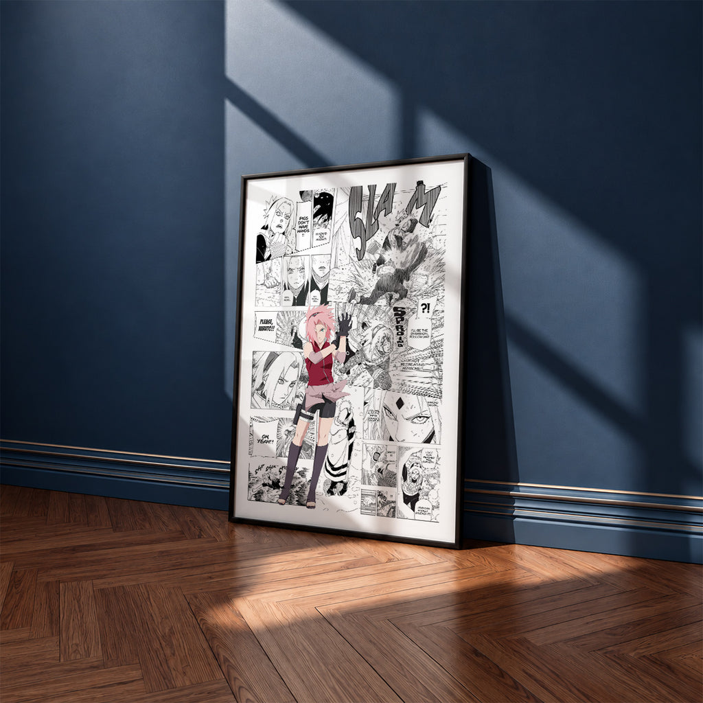 Sakura Haruno manga poster inspired by Naruto in a black frame against a navy blue wall