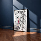 Sakura Haruno manga poster inspired by Naruto in a black frame against a navy blue wall