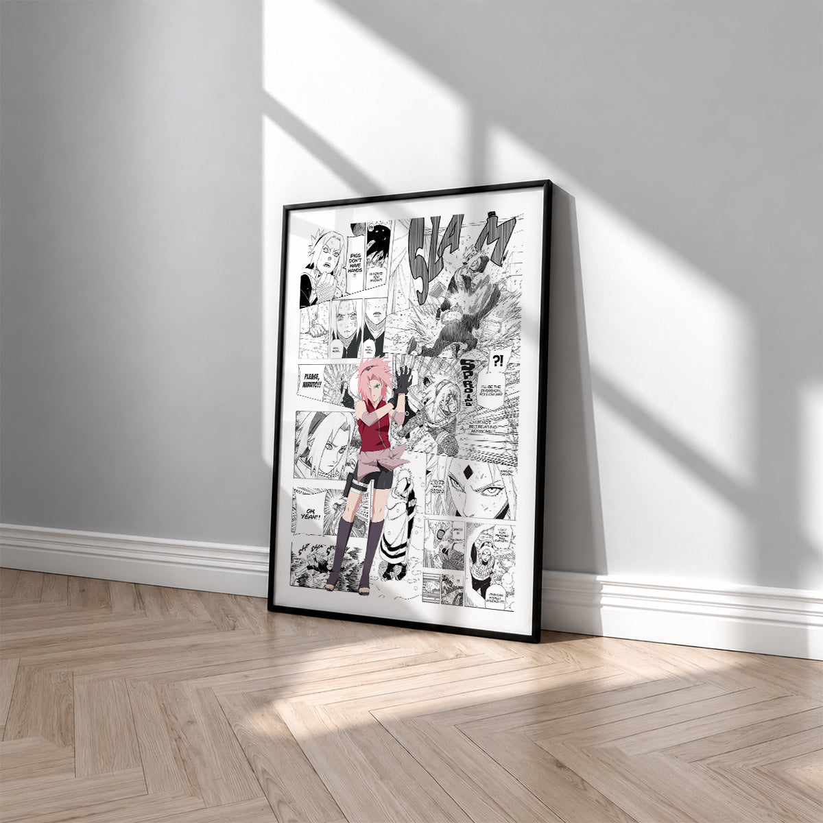 Sakura Haruno manga poster inspired by Naruto in a black frame against a light gray wall