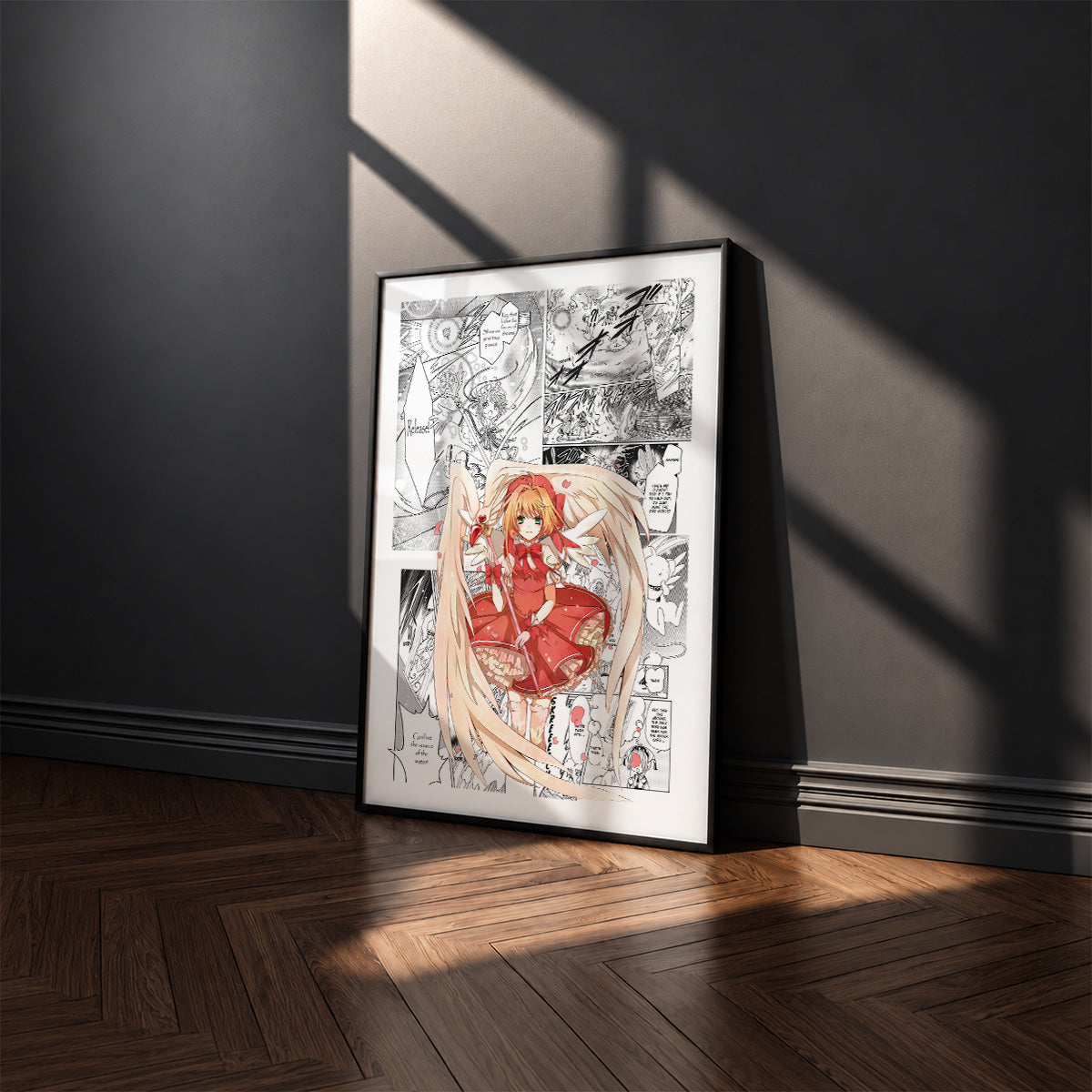 Sakura Kinomoto manga poster inspired by Cardcaptor Sakura in a black frame against a charcoal gray wall