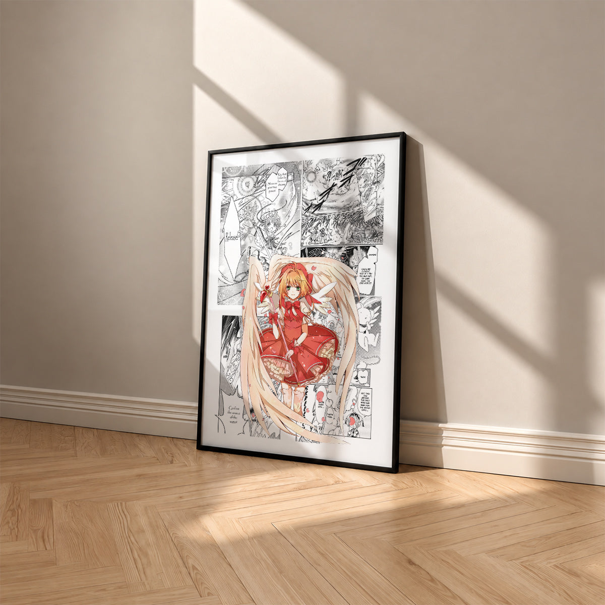 Sakura Kinomoto manga poster inspired by Cardcaptor Sakura in a black frame against a warm beige wall