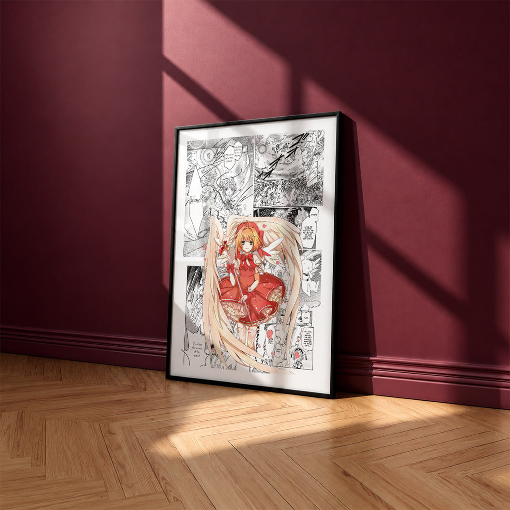 Sakura Kinomoto manga poster inspired by Cardcaptor Sakura in a black frame against a burgundy wall