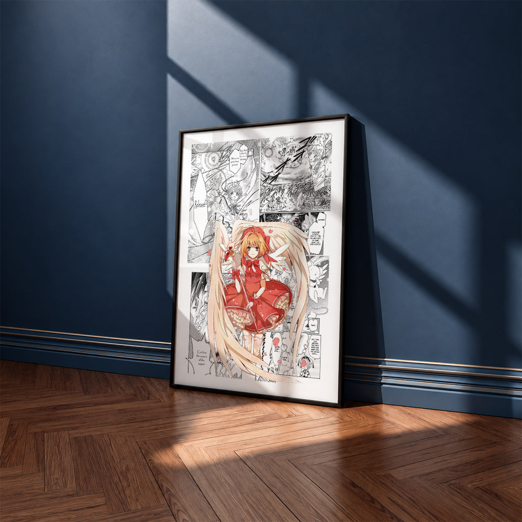 Sakura Kinomoto manga poster inspired by Cardcaptor Sakura in a black frame against a navy blue wall
