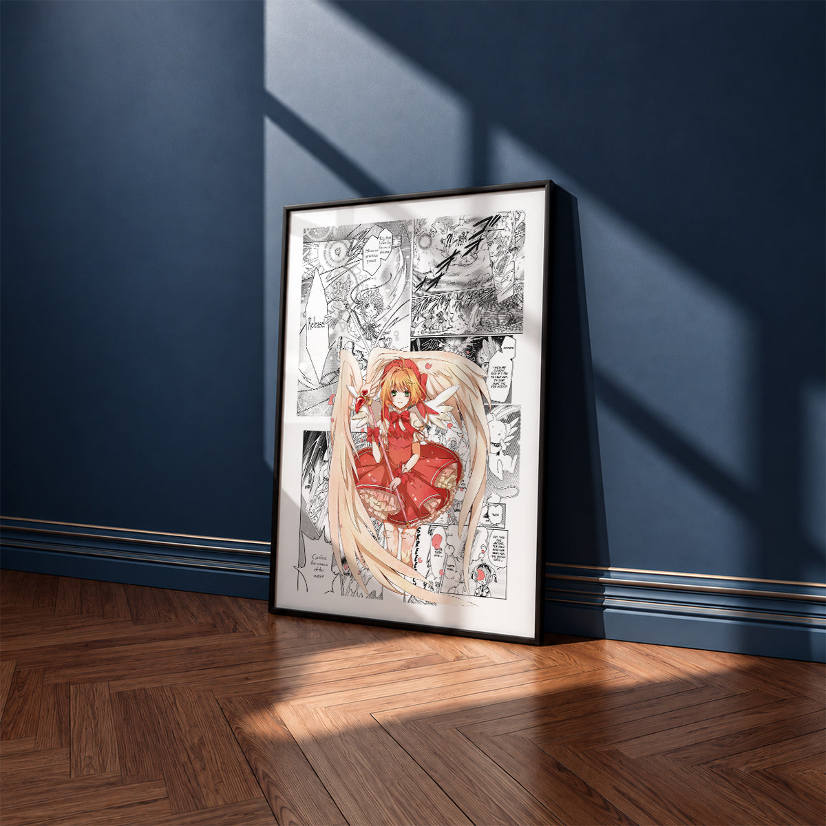 Sakura Kinomoto manga poster inspired by Cardcaptor Sakura in a black frame against a navy blue wall