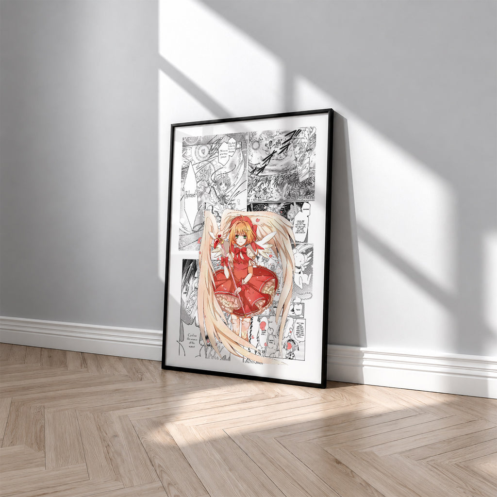 Sakura Kinomoto manga poster inspired by Cardcaptor Sakura in a black frame against a light gray wall